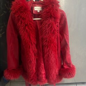 Vibrant Red Jacket with Faux Fur Trim